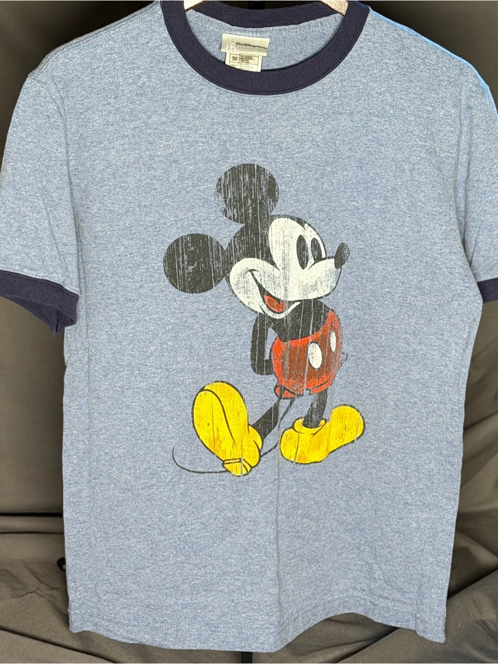 Walt Disney World Heather Light Blue Ringer Tee with Distressed Mickey Graphic